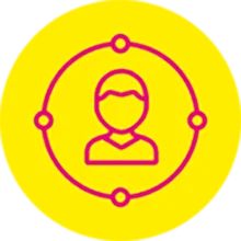 Gelbes Icon mit einer Person mitten in einem Kreis in rosa.