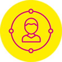 Gelbes Icon mit einer Person mitten in einem Kreis in rosa.
