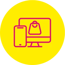 Gelbes Icon mit PC mit einer Einkaufstüte auf dem Bildschirm und ein Smartphone in rosa.