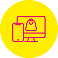 Gelbes Icon mit PC mit einer Einkaufstüte auf dem Bildschirm und ein Smartphone in rosa.
