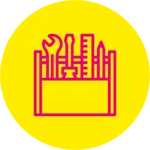 Gelbes Icon mit einem Werkzeugkasten in rosa.