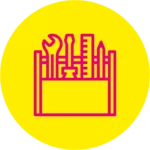 Gelbes Icon mit einem Werkzeugkasten in rosa.