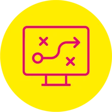 Gelbes Icon mit einem PC in rosa.