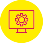 Gelbes Icon mit einem PC mit Zahnrad in rosa.