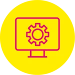 Gelbes Icon mit einem PC mit Zahnrad in rosa.