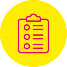 Icon Anforderungsanalyse Gelbes Icon mit einer Mappe mit Notiz in rosa.