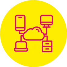 Gelbes Icon mit einer Wolke verbunden Mit unterschiedlichen Geräten, wie Laptop und Smartphone  in rosa.