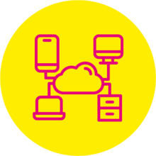 Gelbes Icon mit einer Wolke verbunden Mit unterschiedlichen Geräten, wie Laptop und Smartphone  in rosa.
