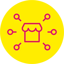Gelbes Icon mit einem Shop und mit ihm verbundene Punkte in rosa.