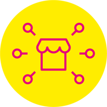 Gelbes Icon mit einem Shop und mit ihm verbundene Punkte in rosa.