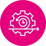 Rosa Icon mit Zahnrad mit einer Uhr und Pfeilen.