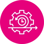 Rosa Icon mit Zahnrad mit einer Uhr und Pfeilen.