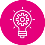 Rosa Icon mit einer Glühbirne mit einem Zahnrad drin.