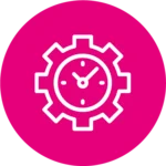 Rosa Icon mit Zahnrad mit einer Uhr drin.