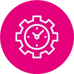 Rosa Icon mit Zahnrad mit einer Uhr drin.