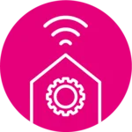 Rosa Icon mit einem Hausumriss mit einem Zahnrad drin.