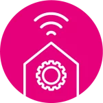 Rosa Icon mit einem Hausumriss mit einem Zahnrad drin.