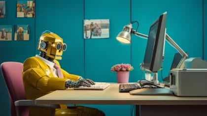 Roboter im gelben Anzug arbeitet am Arbeitstisch im Büro. Auf dem Arbeitstisch stehen ein Rechner mit Tastatur und ein rosa Blumentopf. Im Hintergrund hängen Bilder an der dunkel-türkis Wand. 