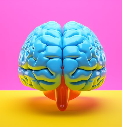 Abstrakt dargestelltes Gehirn vor einem mehrfarbigen Hintergrund