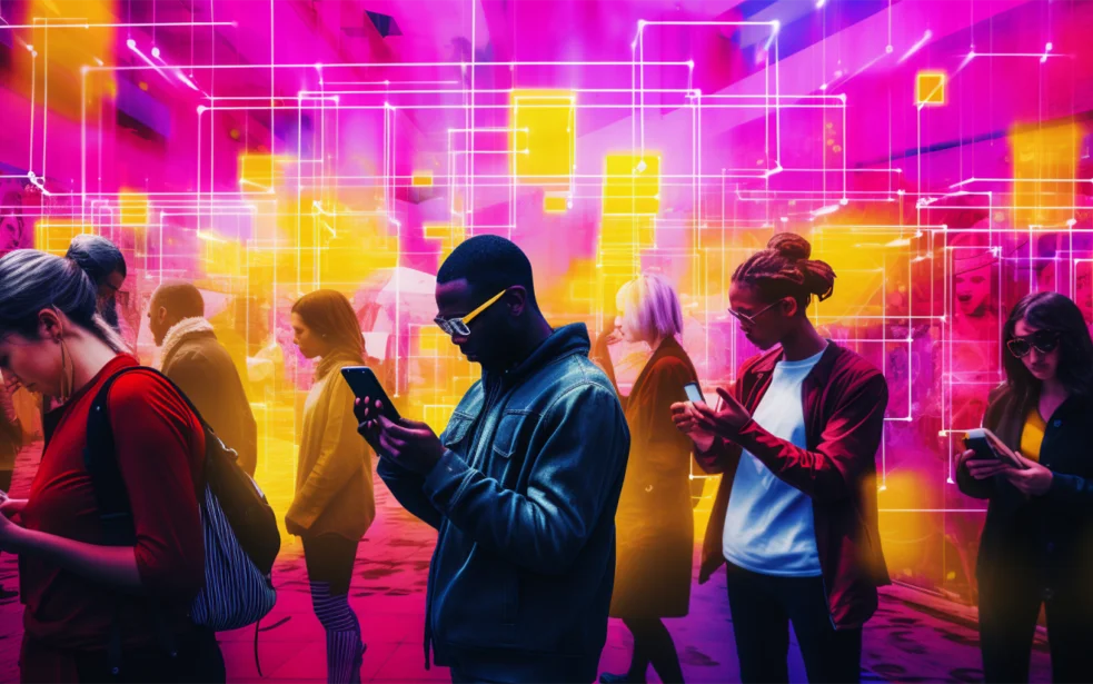 Eine Gruppe von Personen, die in einem Raum mit abstrakten Formen auf ihre Smartphones blicken