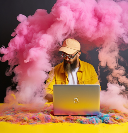 Web-Developer mit Kappe und Sonnenbrille arbeitet am Laptop. Dunker Hintergrund mit rosa Rauch.