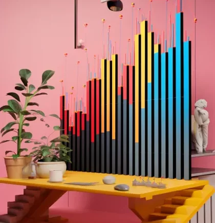 Farbige Infografik im Arbeitszimmer. Hintergrund in pink.