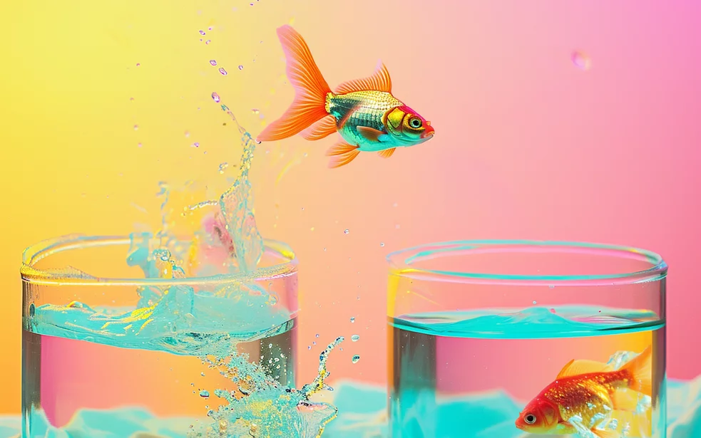 Ein farbiger Fisch springt aus einem Aquarium in ein Anderes.