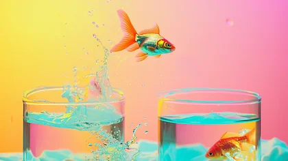 Ein Fisch springt von einem Wasserglas ins nächste – symbolisch für den Wechsel auf ein neues oder aktualisiertes Shopsystem