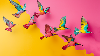 Bunte Vögel fliegen von links nach rechts. Pink-gelber Hintergrund.