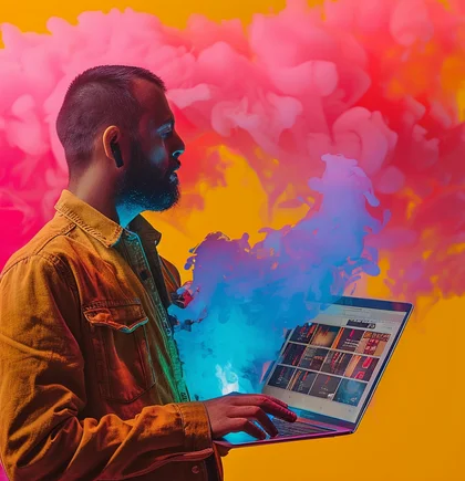 Ein Mann hält einen Laptop, aus dem bunter Rauch aufsteigt – Symbol für die zentrale Rolle von Digital Asset Management in der digitalen Transformation