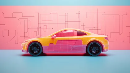 Gelber Sportwagen durchquert digitale Datenströme – Symbol für Geschwindigkeit und moderne Technologie