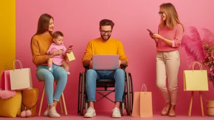 Ein Mann im Rollstuhl schaut auf seinen Laptop. Links auf dem Bild sitzt eine Frau, die ihr Baby und das Handy hält. Rechts auf dem Bild steht eine Frau mit einer Lesebrille und hält ihr Handy.