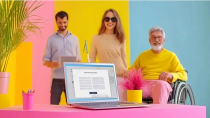 Menschen mit unterschiedlichen Einschränkungen nutzen gemeinsam einen Laptop mit Formularen – im Fokus steht digitale Barrierefreiheit.