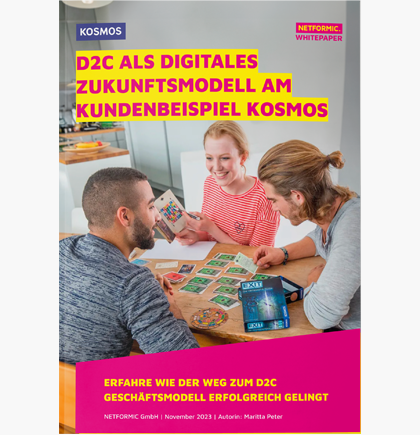 Zwei junge Männer und eine junge Frau spielen Gesellschaftsspiele am Tisch. Whitepaper Titel in gelb im Kästchen in magenta. NETFORMIC Logo in der oberen rechten Ecke.