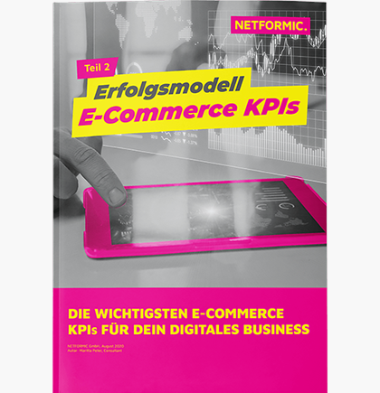 Schwarzweiße Aufnahme vom Zeigefinger, der auf das Bildschirm von einem Tablet in Magentafarbe auf der Arbeitsfläche zeigt. Statistikboard im Hintergrund. Whitepaper Titel in gelb im Kästchen in magenta. NETFORMIC Logo in der oberen rechten Ecke.