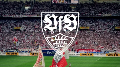 The soccer stadium of VfB Stuttgart, the MHP Arena with the main stand and VfB flags on the pitch. Above it the logo of NETFORMIC customer VfB Stuttgart