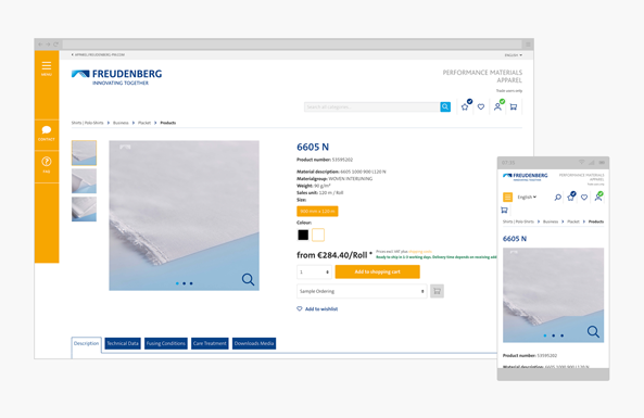 Eine Bildschirmaufnahme vom Freudenberg Online Shop. Darstellung eines Produktes. Desctop und mobile Ansichten