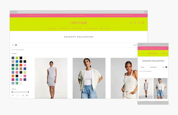 Eine Bildschirmaufnahme vom rich & royal Online Shop. Darstellung eines Produktes in Desctop und mobiler Ansichten