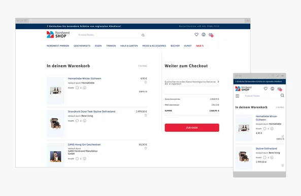Desctop und mobile Ansicht des Online Shops von Nordwest Mediengruppe.