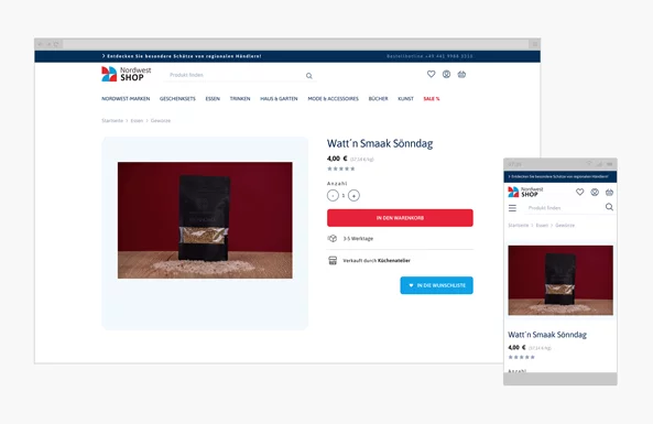 Desctop und mobile Ansicht des Online Shops von Nordwest Mediengruppe.