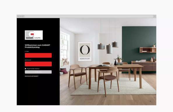 Screenshot vom Einloggfeld im Kundenkonto des Garant Gruppe Online Shops. Einrichtungsvisualisierung.