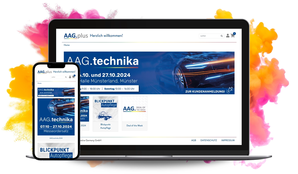 Laptop und Mobile Ansicht der AAG Webseite mit buntem Rauch im Hintergrund