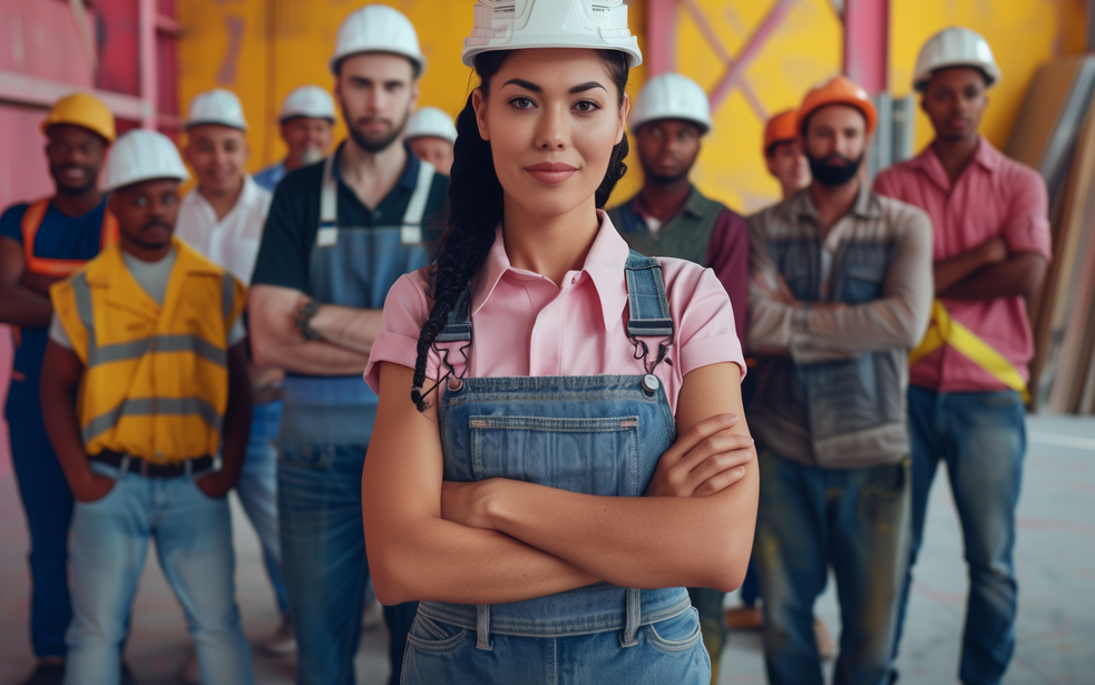 Several people wearing industry-specific workwear stand side by side – symbolizing the wide range of industries NETFORMIC serves with customized digital solutions