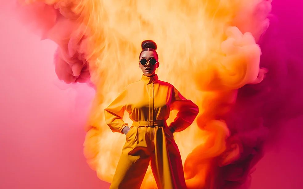 A confident woman stands in front of blazing flames – symbolizing the role as a firestarter for digital innovation and breakthrough ideas