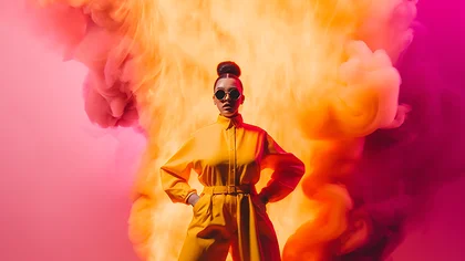 Eine Frau steht selbstbewusst vor lodernden Flammen – Symbol für die Rolle als Brandstifterin für digitale Innovation und kreative Durchbrüche