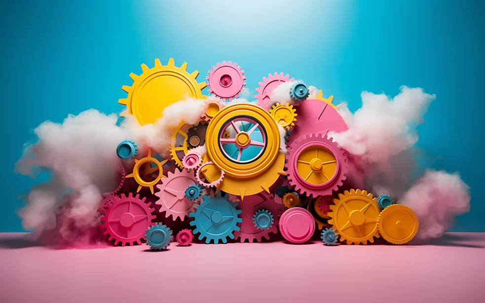 Colorful gears interlocking seamlessly – symbolizing strong partnerships, smooth collaboration, and shared digital growth