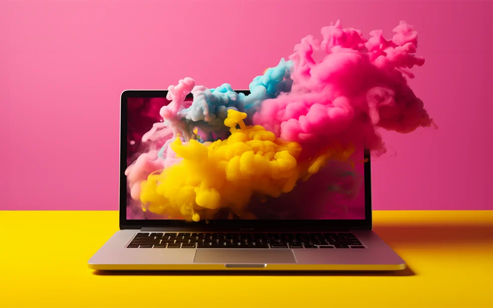 Colorful smoke emerging from a laptop – symbolizing digital innovation, creative growth, and technological momentum.
