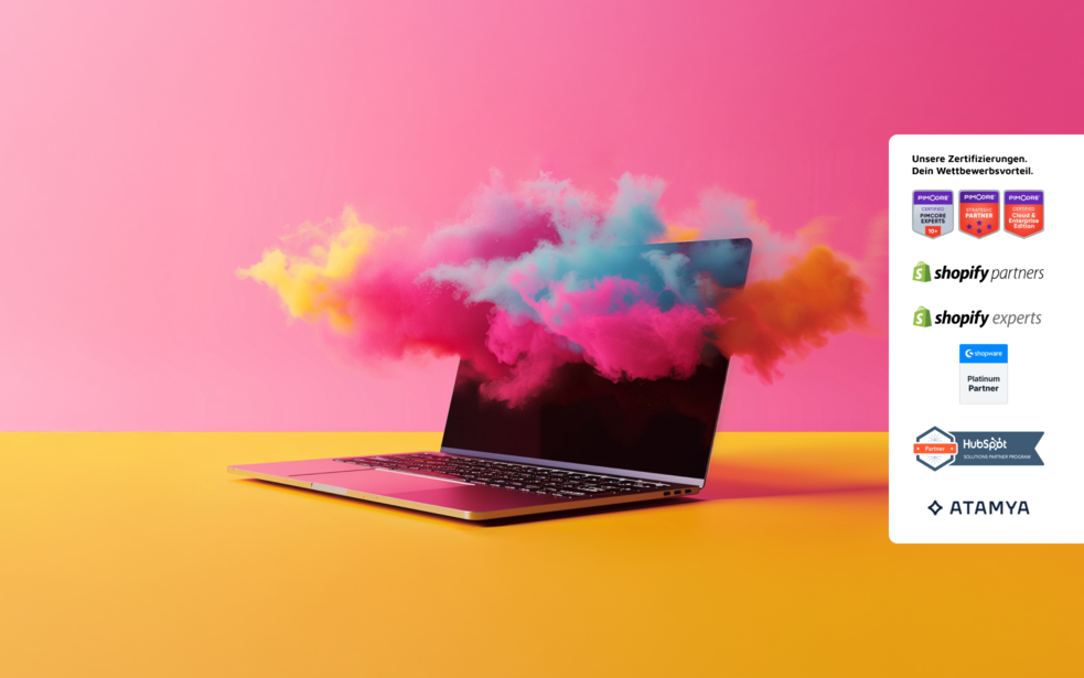 Radical Digital Growth – Mit starken Partnern zur digitalen Skalierung als E-Commerce & PIM Agentur Ein Laptop verströmt bunte digitale Rauchwolken, rechts daneben sind Zertifikate führender Technologiepartner abgebildet – Symbol für das radikale digitale Wachstum, das eine E-Commerce & PIM Agentur durch zertifizierte Partnerschaften in Bereichen wie Shop-Systeme, PIM und Cloud-Technologien ermöglicht