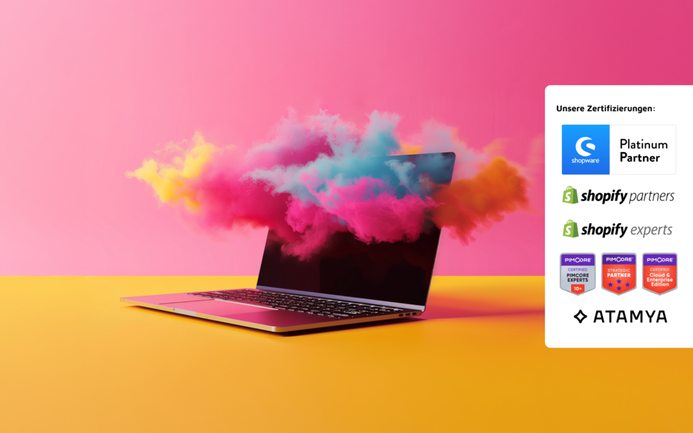 Radical Digital Growth – Mit starken Partnern zur digitalen Skalierung als E-Commerce & PIM Agentur Ein Laptop verströmt bunte digitale Rauchwolken, rechts daneben sind Zertifikate führender Technologiepartner abgebildet – Symbol für das radikale digitale Wachstum, das eine E-Commerce & PIM Agentur durch zertifizierte Partnerschaften in Bereichen wie Shop-Systeme, PIM und Cloud-Technologien ermöglicht