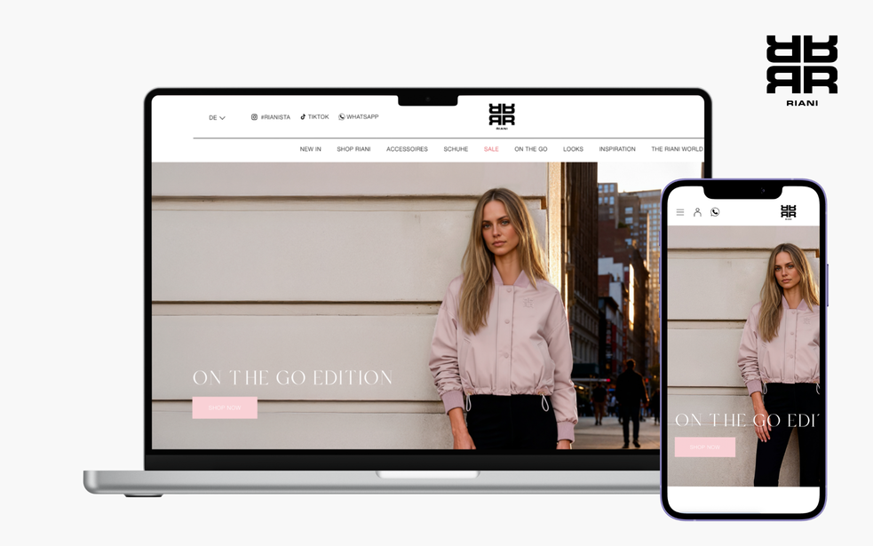 Shopware 6 Relaunch des Riani Onlineshops – Screenshot der Startseite in Desktop- und mobiler Ansicht mit modernem, jungem Look & Feel zur Neupositionierung der Marke